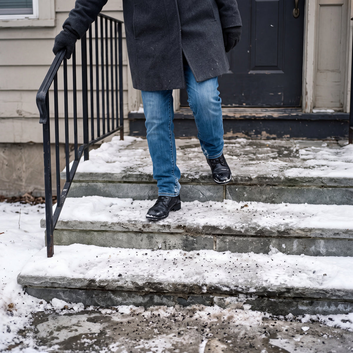 Går försiktigt nerför en snöig yttertrappa i vanliga vinterkängor